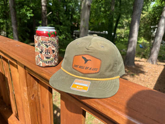 Olive Green Duck Rope Hat x One Hell Of A Life Podcast Coozie Bundle