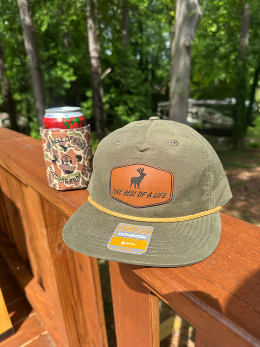 Olive Green Buck Rope Hat x One Hell Of A Life Podcast Coozie Bundle