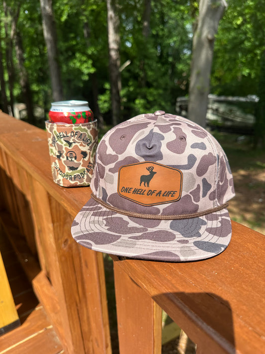 One Hell of a Life Old School Camo Buck Rope Hat x OHOAL Outdoor Podcast Coozie